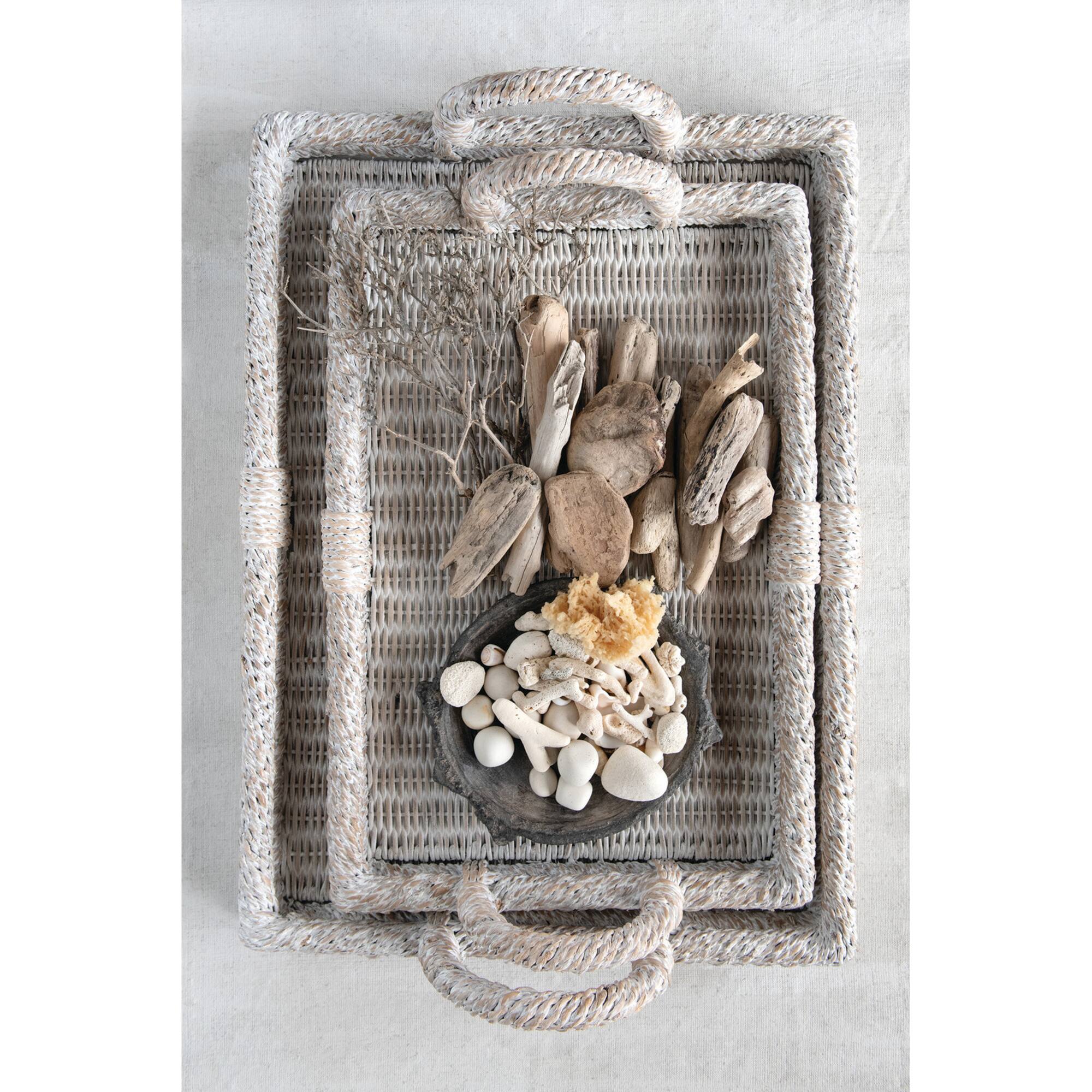 Hello Honey® Whitewashed Decorative Rattan Tray Set with Handles
